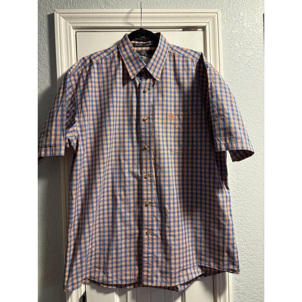 Wrangler George Strait Shirt Mens XL‎ Orange Blue Plaid Short Sleeve Western